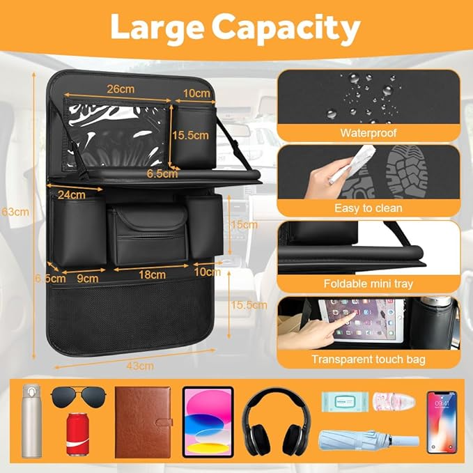 Omoda Car Seat Back Organiser with Foldable Tray Table | Rear Seat Storage