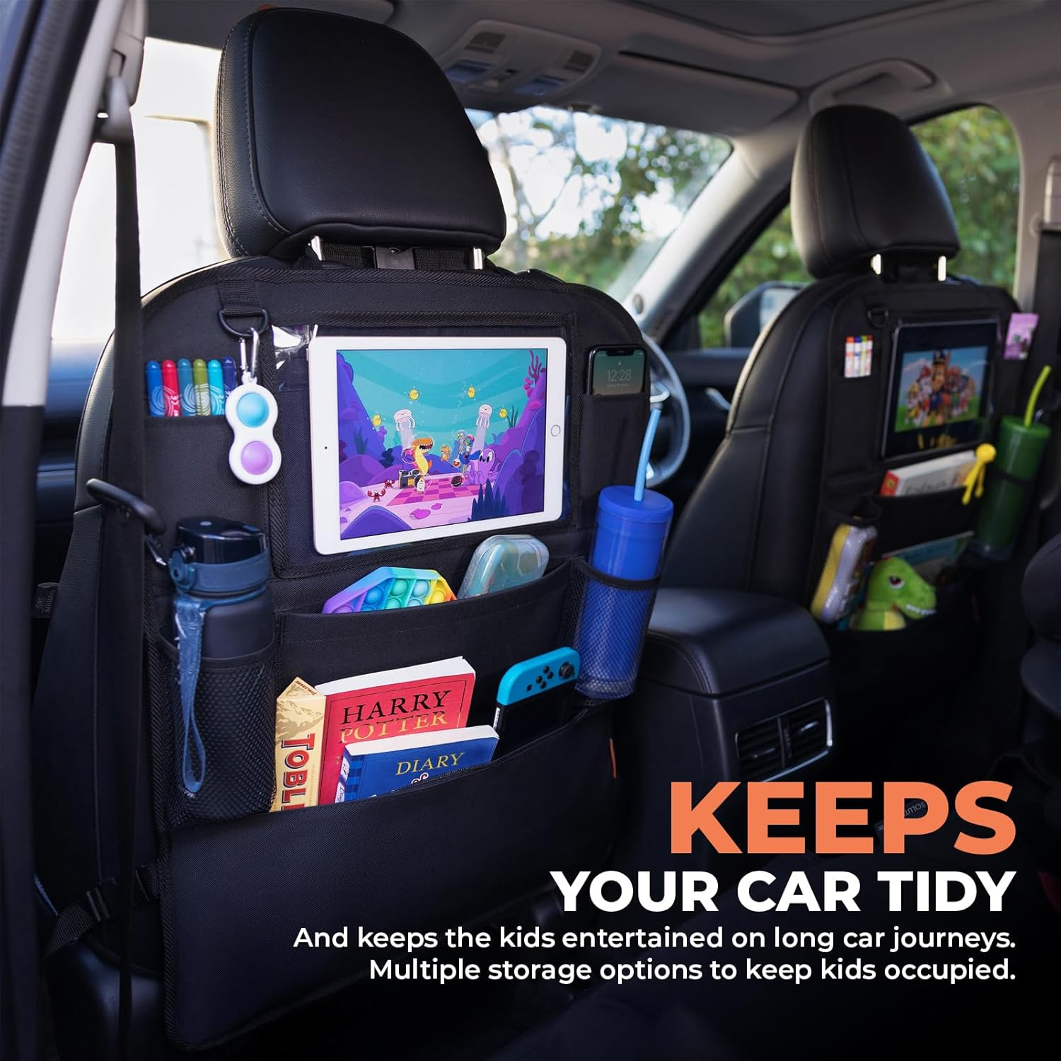 Car Seat Organiser with Tablet Holder – Back Seat Storage & Kick Mat (2 Pack)