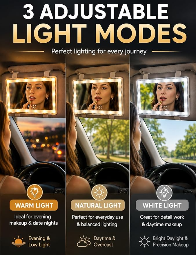 Omoda LED Sun Visor Vanity Mirror with Touch Control | USB Rechargeable Makeup Mirror