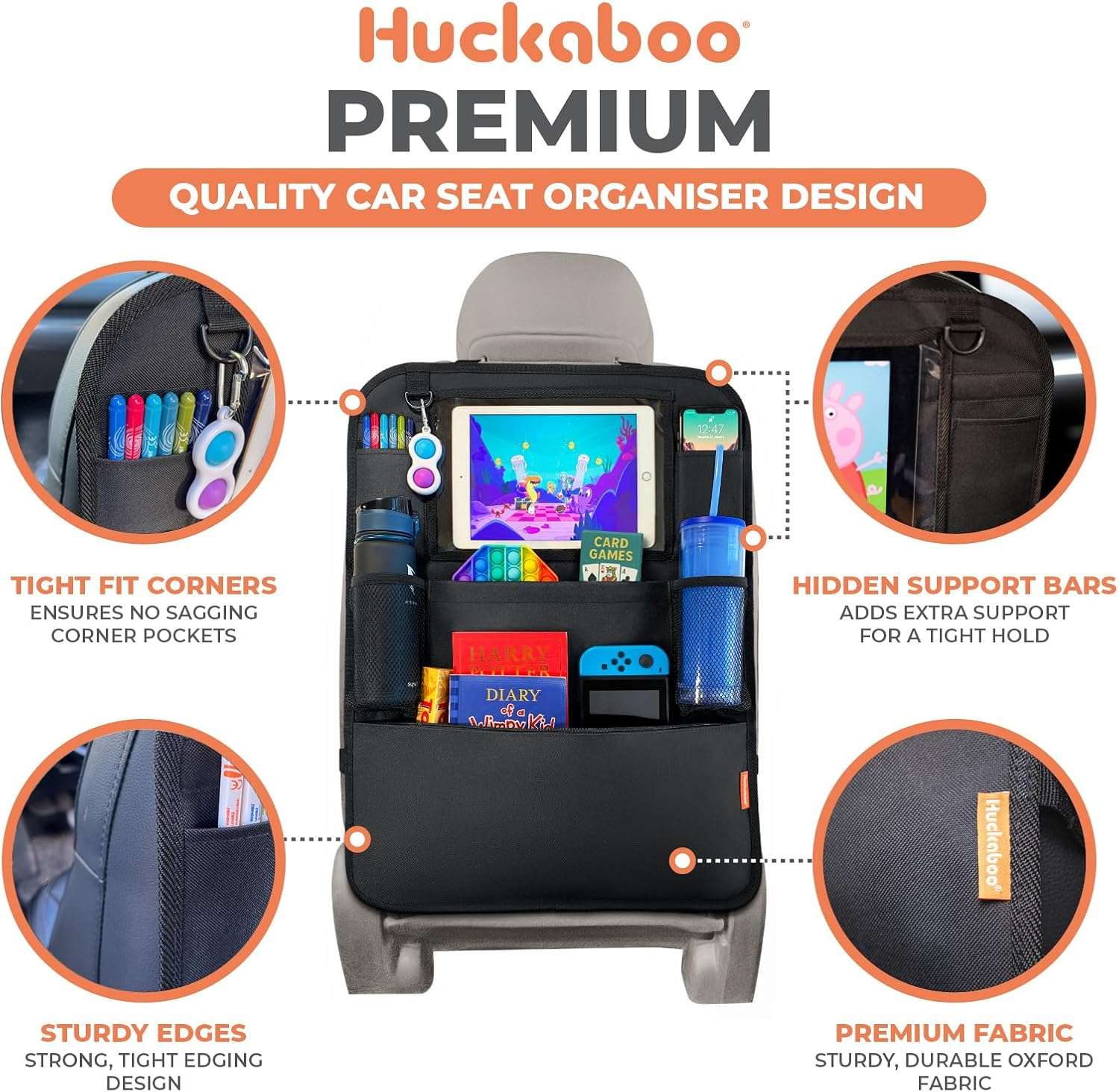Car Seat Organiser with Tablet Holder – Back Seat Storage & Kick Mat (2 Pack)