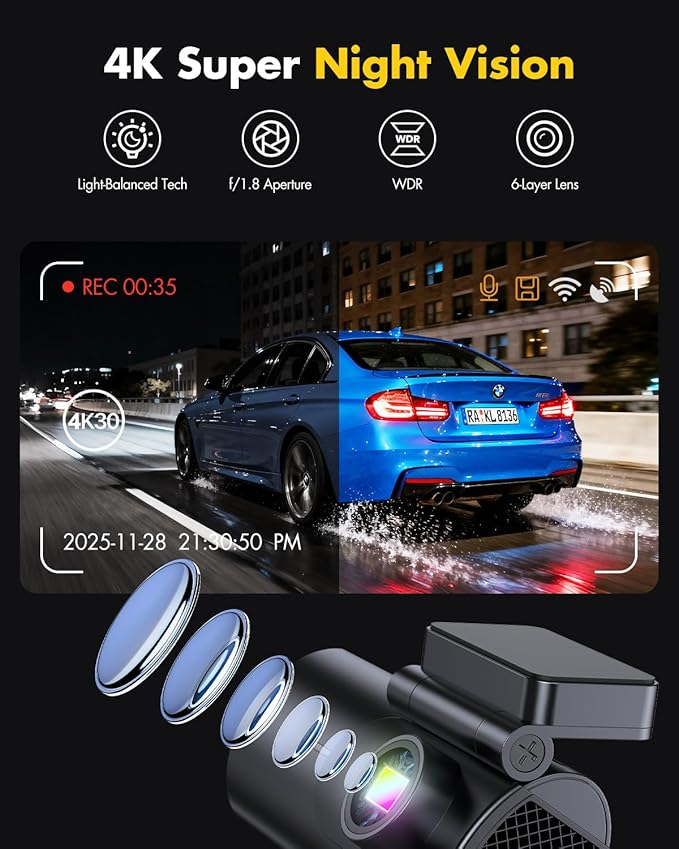 4K Front & Rear Dashcam – Dual Camera with WiFi, Night Vision & Parking Mode
