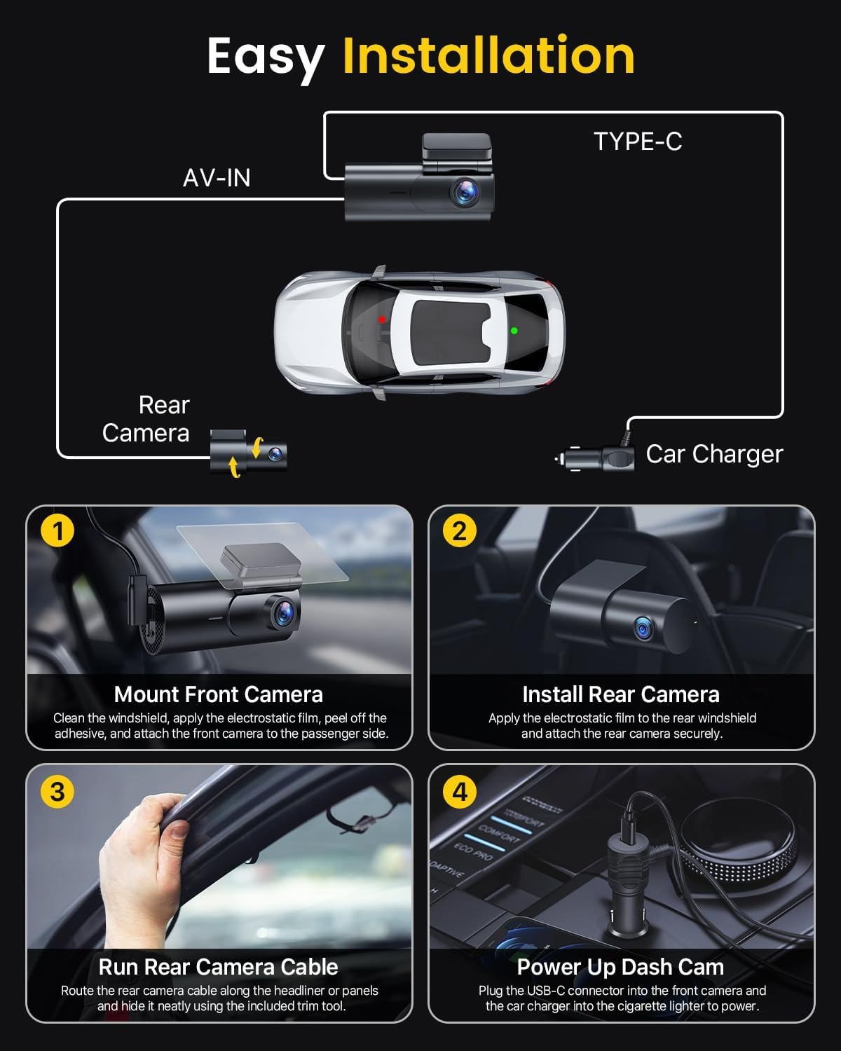 4K Front & Rear Dashcam – Dual Camera with WiFi, Night Vision & Parking Mode