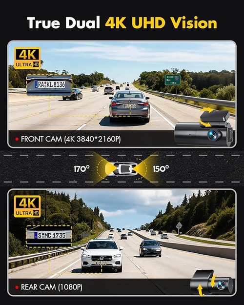 4K Front & Rear Dashcam – Dual Camera with WiFi, Night Vision & Parking Mode
