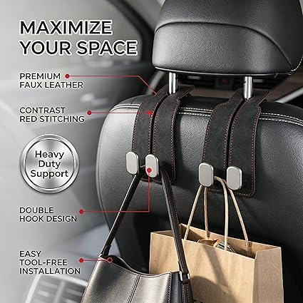 Car Headrest Hooks – Seat Back Bag Holders (4 Pack, Universal Fit)