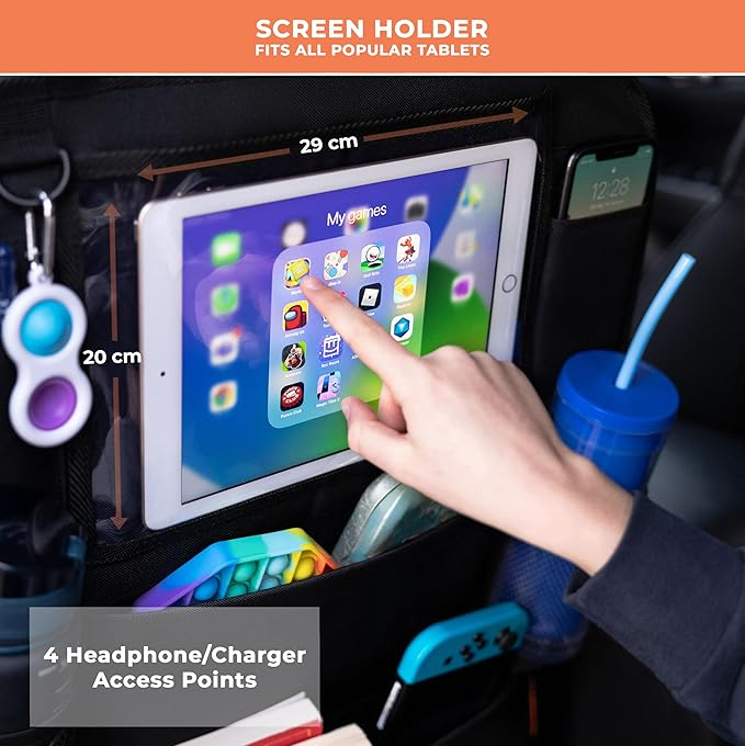Car Seat Organiser with Tablet Holder – Back Seat Storage & Kick Mat (2 Pack)