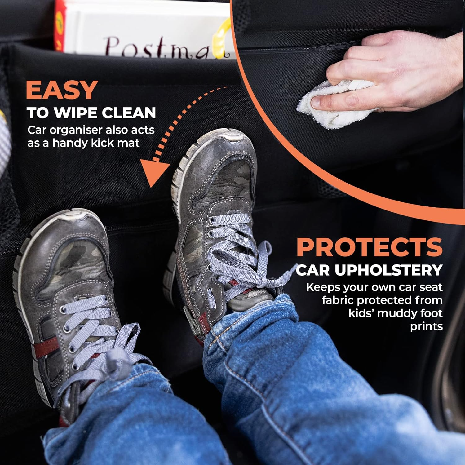 Car Seat Organiser with Tablet Holder – Back Seat Storage & Kick Mat (2 Pack)