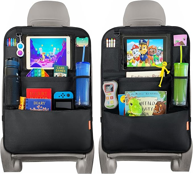 Car Seat Organiser with Tablet Holder – Back Seat Storage & Kick Mat (2 Pack)