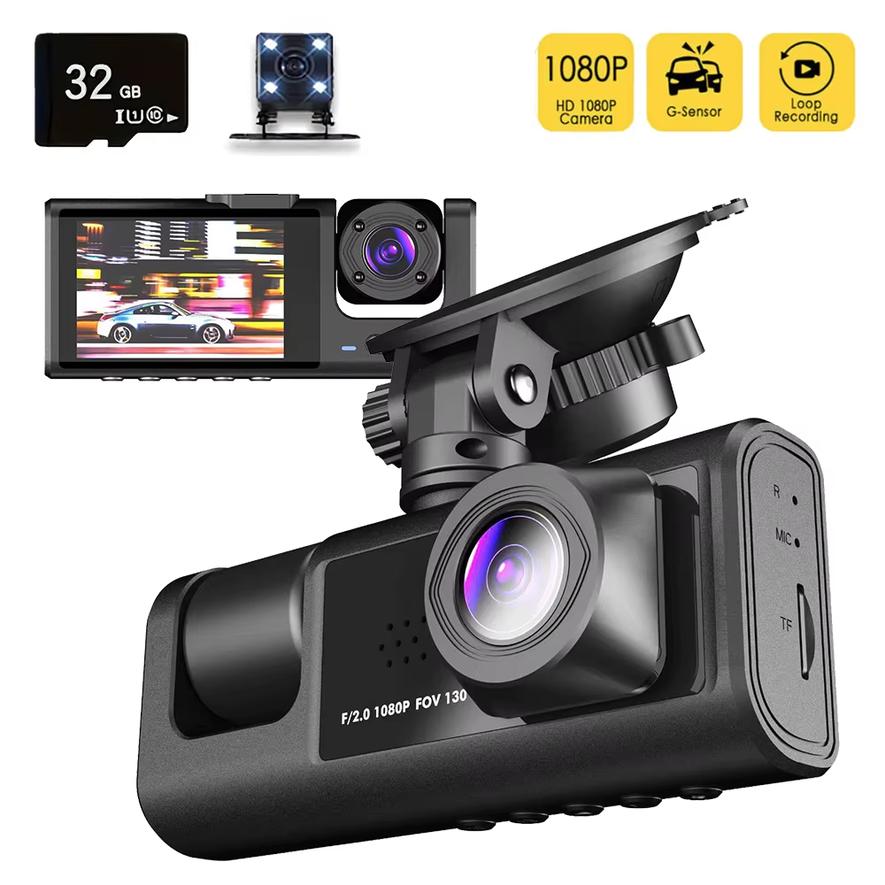 Omoda 1080P 3-Channel Dash Cam | Front, Rear & Interior Camera with 32GB Card