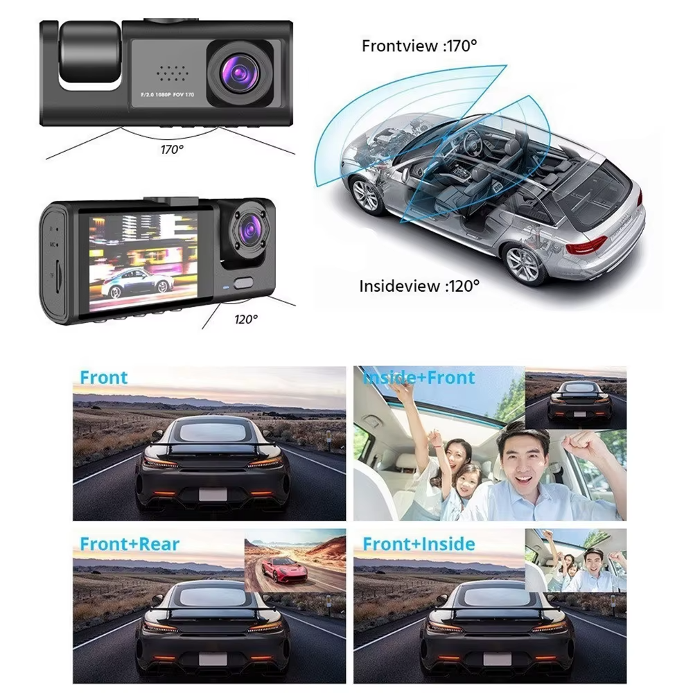 Omoda 1080P 3-Channel Dash Cam | Front, Rear & Interior Camera with 32GB Card