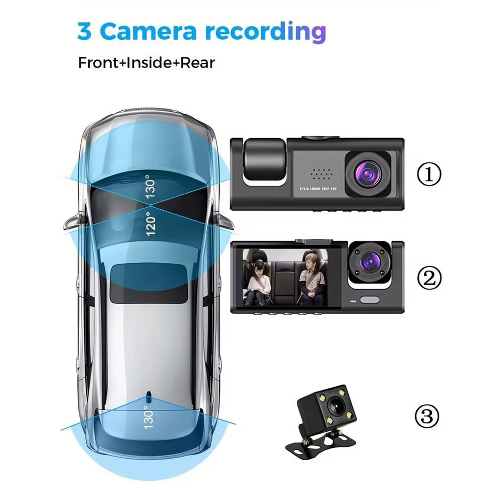 Omoda 1080P 3-Channel Dash Cam | Front, Rear & Interior Camera with 32GB Card
