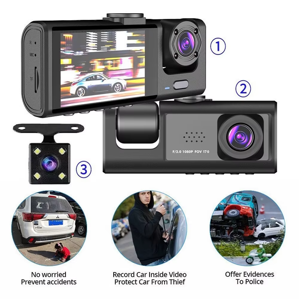 Omoda 1080P 3-Channel Dash Cam | Front, Rear & Interior Camera with 32GB Card